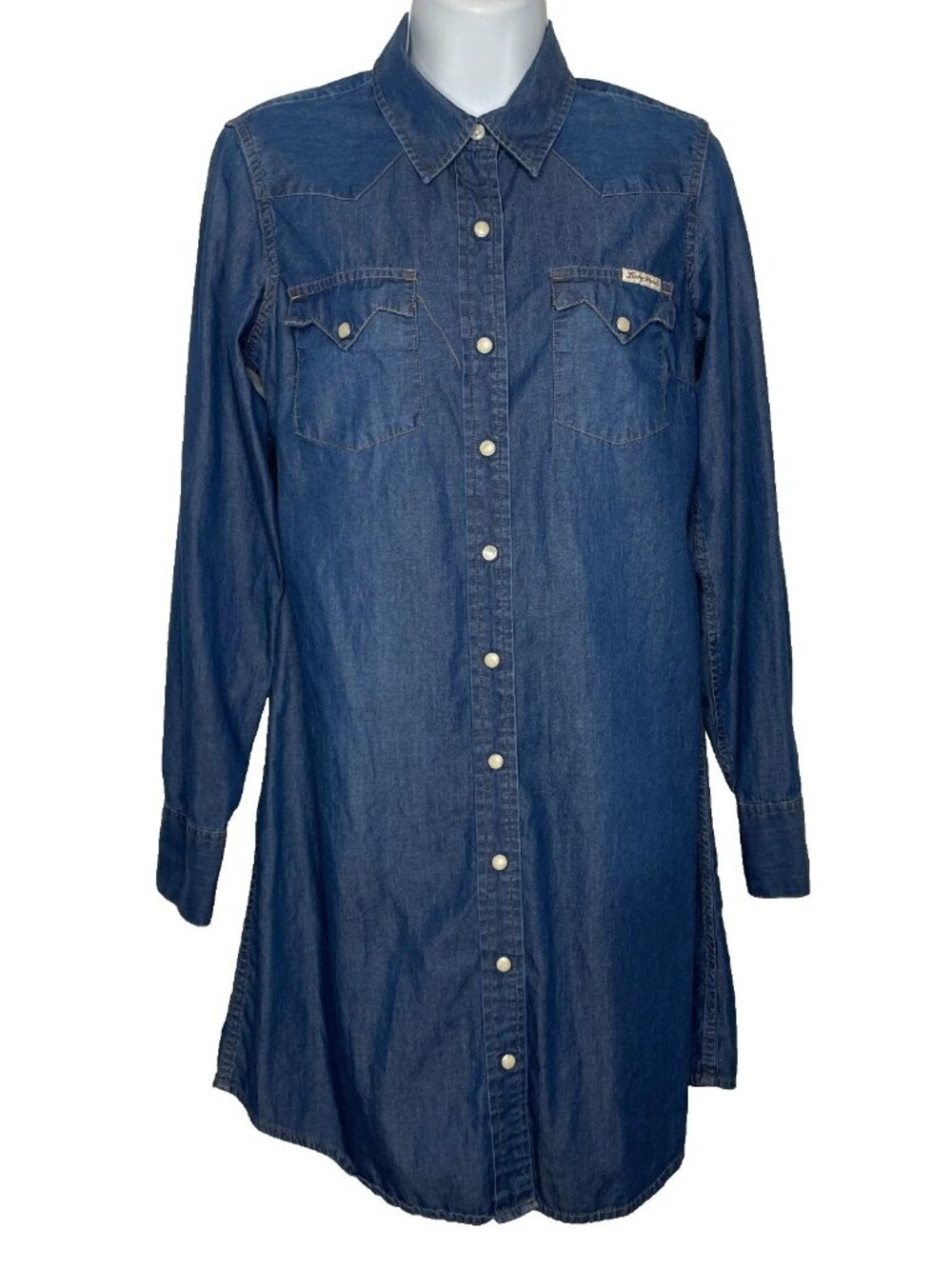 Lucky Brand Denim Shirt Dress Size S Blue Chambray Pearl Snap Western